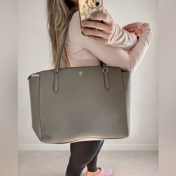 Tory Burch Emerson Large Double Zip Tote – Gray Leather Work Bag